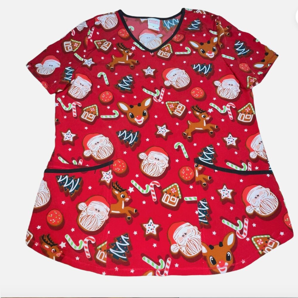 Rudolph the Red-Nosed Reindeer Womens Medium Santa Christmas Winter Scrub Top